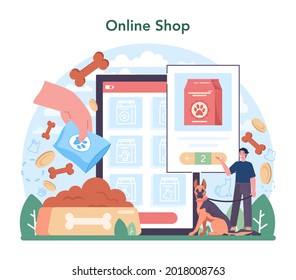 Fodder industry online service or platform. Food for pet and domestic animal production. Dog and cat food package. Online shop. Flat vector illustration