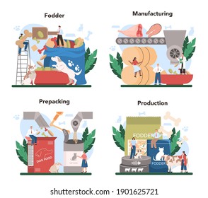 Fodder Industry Set. Food For Pet Production Dog And Cat Bowl And Food Package. Meal For Domestic Animal. Isolated Flat Vector Illustration