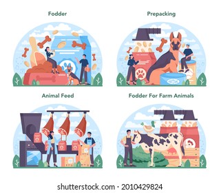 Fodder industry set. Food for pet production Dog and cat bowl and food package. Meal for farm and domestic animal. Isolated flat vector illustration