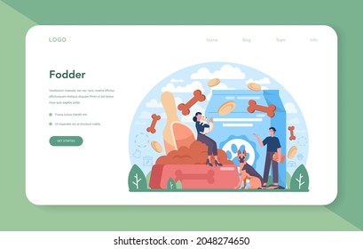 Fodder industry web banner or landing page. Food for pet production. Dog and cat bowl and food package. Meal for farm and domestic animal. Isolated flat vector illustration
