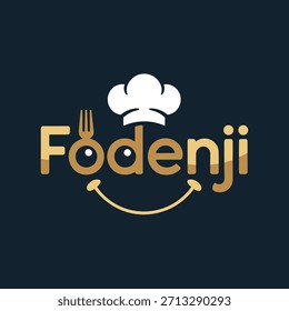 Logotipo do restaurante Fodenji com chapéu de chef e utensílios no fundo escuro