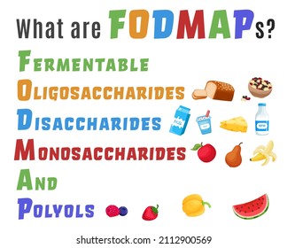 Fodmaps are hard to digest carbohydrates and sugars. Healthy nutrition infographics. Irritable Bowel Syndrome. Digestive problems causes. Editable vector illustration isolated on a white background