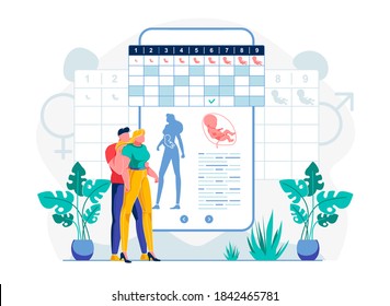 Foetus Development Mobile App Vector Illustration. Happy Couple Monitoring Baby Growth Using Smartphone Application. Future Parents Learning Fetus Description via E Health Software