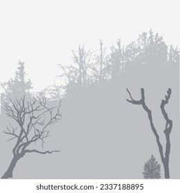 Fog, in the background a muddy silhouette of many trees. In the foreground is a small Christmas tree and two trees without leaves.