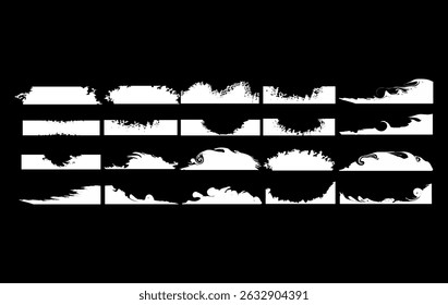 Fog Border Effects Set , Abstract Swirl and Dust Mist Borders Brush Shapes on Black Background