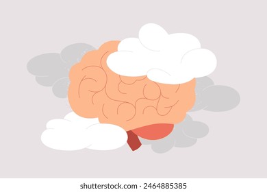 Fog brain concept. Human brain surrounded by clouds. Problems with concentration and memories. Mental Health and neurological disorders. Vector illustration