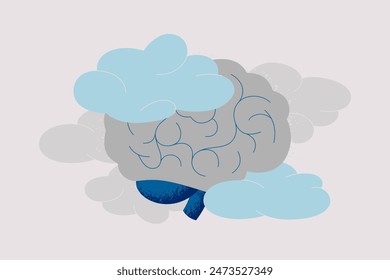 Para el concepto del cerebro. Cerebro humano rodeado de nubes. Problemas de concentración y recuerdos. Salud mental y trastornos neurológicos. Ilustración vectorial