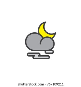 Fog cloud and crescent moon filled outline icon, line vector sign, linear colorful pictogram isolated on white. Night mist weather symbol, logo illustration. Pixel perfect vector graphics