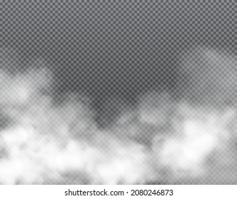 Fog or clouds, smoke, white toxic steaming vapor vector background. Magic mist, air smog and dust pollution realistic backdrop. Fire or cigarette smoke, haze and vapour condensation clouds