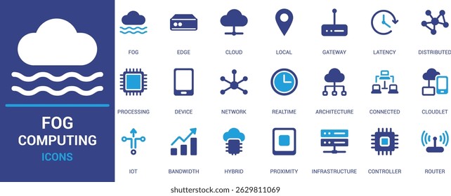 Ícone de nevoeiro de computação definido em estilo moderno plano com nuvem, borda, rede, IoT, tempo real, latência, gateway, proximidade e infraestrutura. Vetor EPS incluído.