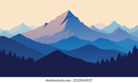 Montañas cubiertas de niebla, mostrando sus majestuosos picos y su atmósfera serena Ilustración vectorial plana.