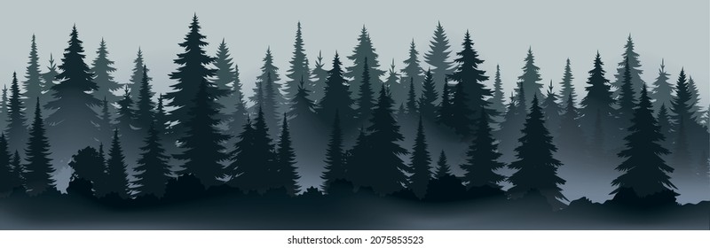 Fog dark forest. Landscape trees in mist design. Mystery pine forest concept. Nature beauty. Forest fir trees.