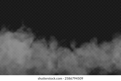 Fog effect on transparent dark background. Smoke gray cloud above the floor surface.