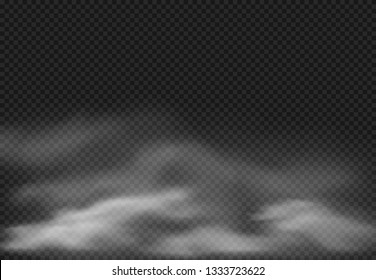 Fog effect. Smoke clouds, cloudy mist and realistic smoky cloud isolated on transparent background. Smoking effects, fog cloud or cloudy air sky vector illustration