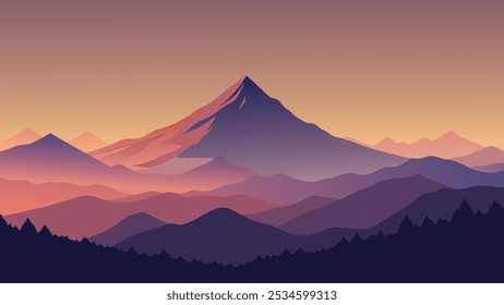 
Nebel umhüllt majestätische Berge bei atemberaubendem Sonnenaufgang, flache Vektorgrafik Naturhintergrund