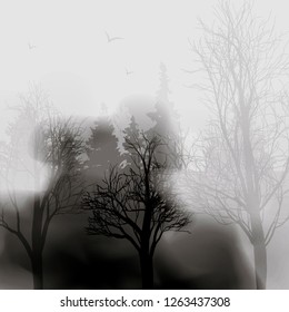 fog in the forest. Black Tree ink blots, splashes, spray texture isolated on gray background. ink effect Forest.