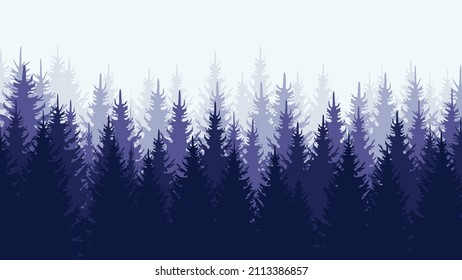 Fog and haze forest landscape. Vector landscape with silhouettes of coniferous trees in the mist. Vector illustration.