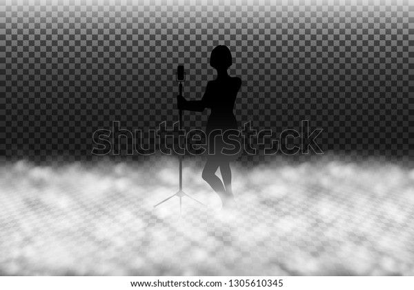 Fog machine effect\
vector illustration, scenic smoke or stage fog realistic special\
effect isolated on transparency background, women singer silhouette\
on a fogged stage