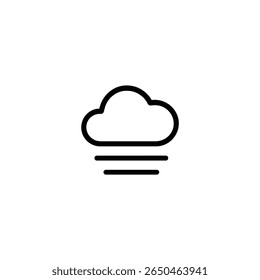 Símbolo de nevoeiro ou neblina com uma nuvem e linhas horizontais. Simples traço preto e branco para previsão de baixa visibilidade. Isolado no fundo branco.