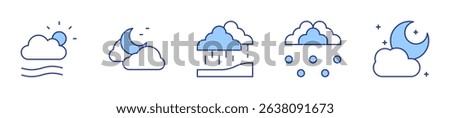fog, monsoon, moon, night, hail. Weather forecast Icon vector illustration. Line Duotone style. Editable stroke.