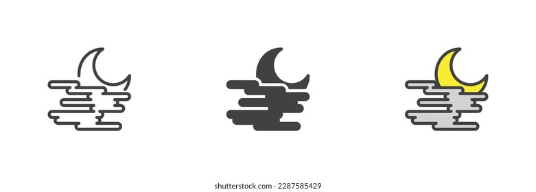 Fog and moon different style icon set. Line, glyph and filled outline colorful version, outline and filled vector sign. Symbol, logo illustration. Vector graphics