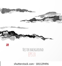 Fog mountains, hand-drawn with ink in traditional Japanese style sumi-e. 