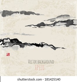 Fog mountains, hand-drawn with ink in traditional Japanese style sumi-e. 