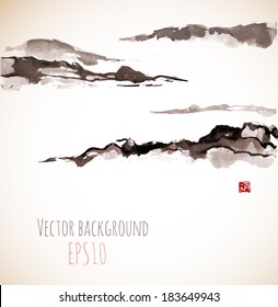 Fog mountains, hand-drawn with ink in traditional Japanese style sumi-e.