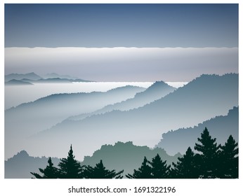 Fog in the mountains. Landscape. Vector illustration