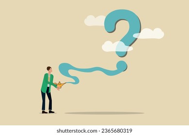 fog on the way, questioning scope, raising questions on the way, a businessman holding a business light in his hand and a big question mark has appeared in front of him.