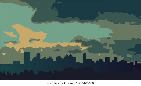 Fog over the city before the dawn of the sun