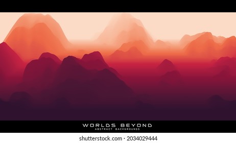 Fog over mountains. Vector landscape panorama. Abstract red gradient eroded terrain. Worlds beyond.