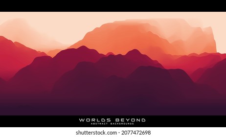 Fog over mountains. Vector landscape panorama. Abstract red gradient eroded terrain. Worlds beyond.