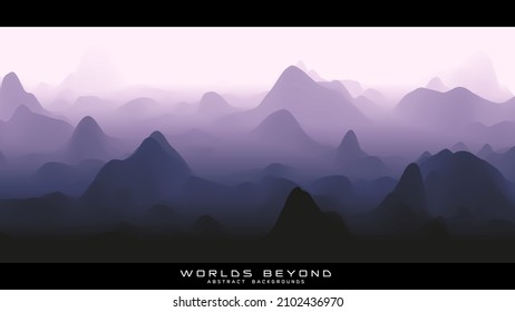 Fog over mountains. Vector landscape panorama. Abstract violet gradient eroded terrain. Worlds beyond.