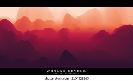 Fog over mountains. Vector landscape panorama. Abstract red gradient eroded terrain. Worlds beyond.