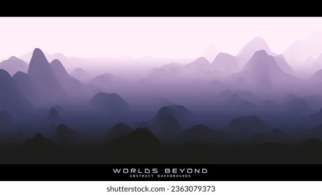 Fog over mountains. Vector landscape panorama. Abstract violet gradient eroded terrain. Worlds beyond.