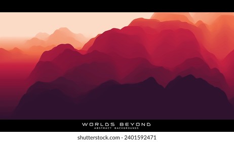 Fog over mountains. Vector landscape panorama. Abstract red gradient eroded terrain. Worlds beyond.