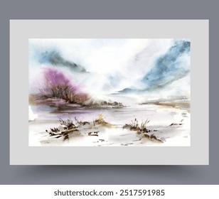 Fog over swampy area at foot of high mountains, in cold winter time, on watercolor poster. Gloomy weather over wild pond in swampy region difficult for tourists to access in national natural park