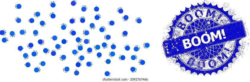 Fog particles vector composition of small circles in various sizes and blue color hues, and rubber Boom stamp seal. Blue round sharp rosette seal has Boom text inside it.
