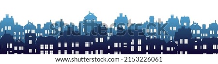 Fog Silhouettes of village houses with windows. Small city houses residential quarters. Isolated on white background. Horizontal seamless composition. Cityscape with buildings. Housing Vector