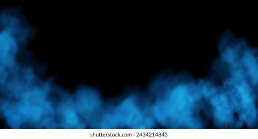 Fog or smoke, blue smog cloud on isolated transparent special effect. Vector illustration, morning fog over land or water surface, magic haze.	