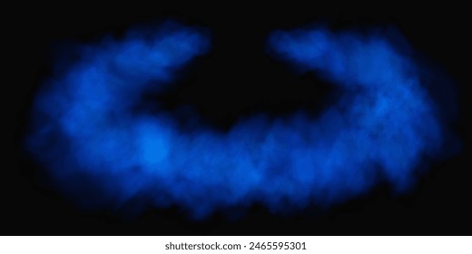 Fog or smoke, blue smog cloud on isolated transparent special effect. Vector illustration, morning fog over land or water surface, magic haze.	