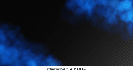 Fog or smoke, blue smog clouds on floor, isolated transparent special effect. Vector illustration, morning fog over land or water surface, magic haze.	