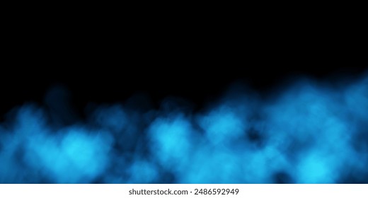 Nebel oder Rauch, blaue Smogwolken auf dem Boden, isolierter transparenter Spezialeffekt. Vektorillustration, Morgennebel über Land- oder Wasseroberfläche, magischer Dunst.	