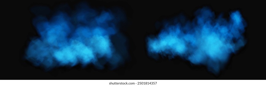Nebel oder Rauch, blaue Smogwolken auf dem Boden, einzelne transparente Spezialeffekte. Vektorgrafik, Morgennebel über Land- oder Wasseroberfläche, magischer Dunst.	