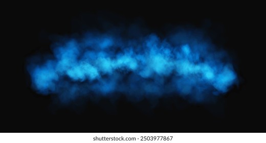 Niebla o humo, nubes azules del smog en el piso, efecto especial transparente aislado. Ilustración vectorial, niebla matutina sobre la tierra o la superficie del agua, neblina mágica.	