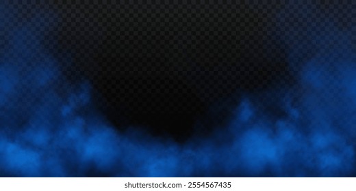 Fog or smoke, blue smog clouds on floor, isolated transparent special effect. Vector illustration, morning fog over land or water surface, magic haze.	