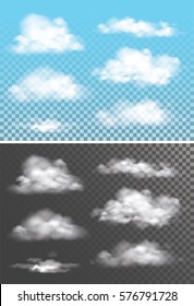 Fog , smoke and cloud isolated transparent special effect. Vector cloudiness, mist and smog background. Set.