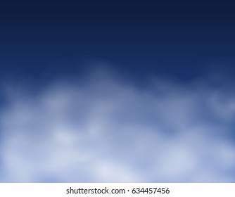 Fog or smoke effect isolated on blue background. White steam or vapor backdrop. Vector translucent mist, cloud, smog template for your advertising design. 