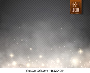 Fog or smoke with glow light isolated transparent special effect. White vector cloudiness, mist or smog background. Magic template. Vector illustration
